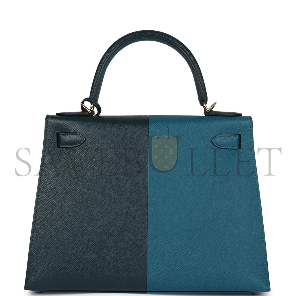 HERMÈS KELLY SELLIER 28 CASAQUE VERT CYPRES AND VERT BOSPHORE EPSOM GOLD HARDWARE (28*22*10cm) 